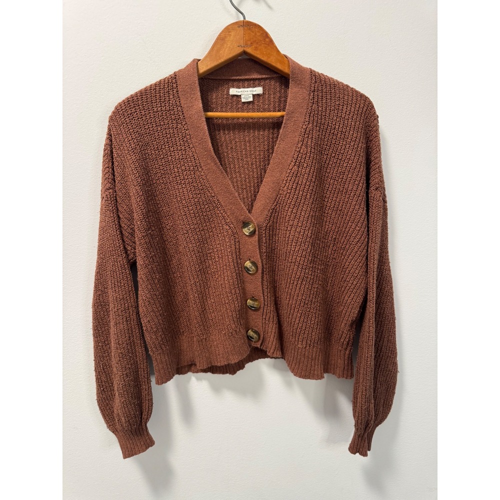 American Eagle Rust Brown Ribbed Knit Button Front Cardigan Sweater Cropped S